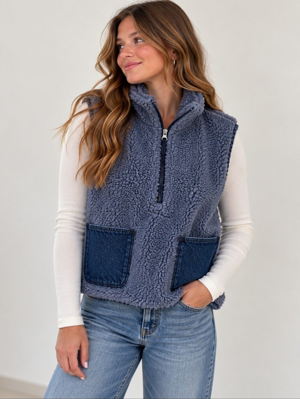 Madewell Shearling Denim-Pocket Pullover Vest Size Small